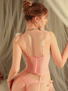 粉色女士性感内衣套装，纯真性感，带可拆卸蝴蝶结装饰，贴身内衣 - 粉色 - 查看 2