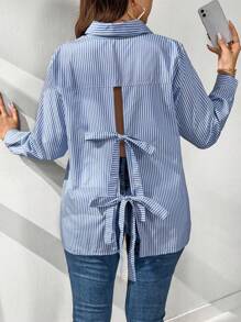 Calvaya Blusa informal con espalda descubierta, con lazo en la parte delantera, a rayas, de talla grande, para primavera/otoño - Azul - Ver 2