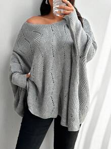Calvaya Plus Size Loose Fit Solid Color Asymmetric Hem V-Neck Long Sleeve Sweater, For Winter Knit Pullover Fall Autumn - Grey - View 3
