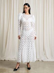 AiiRZ Sheer Lace Puffed Shoulder Long Sleeves Flare Hem Maxi Dress