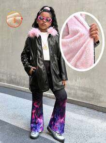 SHEIN Jaqueta De Lã Quente Com Capuz Para Meninas Pré-Adolescentes Com Gola Rosa, Casaco Casual De Inverno