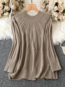 EMERY ROSE Plus Size Solid Color Round Neck Pullover Sweater With Long Sleeves, For Winter Knit Pullover Fall Sweater - Khaki - View 2