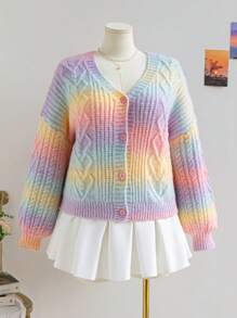 Soleia 大码女式渐变色前开针织开衫，休闲度假/校园风格，秋冬