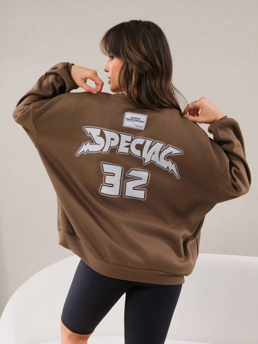 Mulvari Women Casual Letter And Number Print Dropped Shoulder Loose Hoodie With Rivet Decoration, Spring Autumn