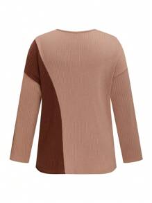 SHEIN LUNE Conjunto informal de 2 piezas de talla grande con top de manga larga cuello en V de unicolor y pantalones largos