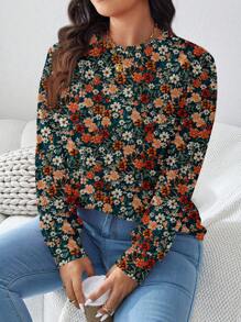 EMERY ROSE Plus Size Women Casual Allover Ditsy Floral Print Baggy Crew Neck Long Sleeve T-Shirt For Autumn & Winter