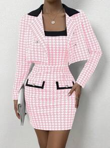 Chiquease 2 件套女士优雅千鸟格拼色无袖紧身连衣裙和翻领短款夹克，春秋