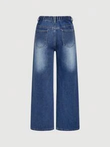 SHEIN Jeans anchos de verano con pierna ancha, lavado vintage, rasgados para niñas preadolescentes Y2K, con bolsillo en sesgo. Conjunto de ropa de primavera y verano para niñas