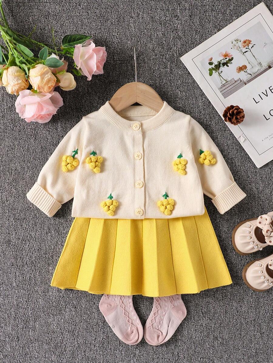 SHEIN Baby Girl 3D Grape Decor Long Sleeve Cardigan And Knit Pleated Skirt 2Pcs Set, Autumn - Yellow - View 1