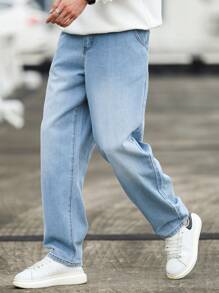 Manfinity Homme Men's Casual Distressed Cone Tapered Leg Jeans, Baggy Jeans Men, Light Blue Jeans Men, Blue Baggy Jeans Men - Blue - View 4