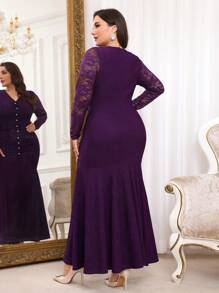 Modelyn Frauen Große Größen V-Ausschnitt Kontrast Spitze Geraffter Fischschwanz Saum Elegantes Abendkleid