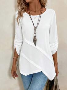 EMERY ROSE Women Round Neck Asymmetrical Hem White Blouse - White - View 3