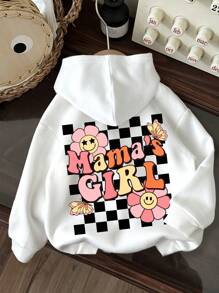 SHEIN ModeFlare Wear 年轻女孩休闲简约可爱黑白格子卡通花朵和笑脸，“GIRLS”字母印花白色温暖舒适厚连帽运动衫，适合秋冬季 - 白色 - 查看 1