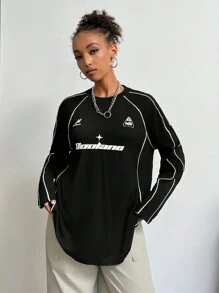 SHEIN EZwear Women's Fall Streetwear Basic Casual Knit Letter Print Stretchy Banded Texture Decoration	Comfy Black Over Size Round Neck Raglan Sleeve Long Sleeve T-Shirt Football Jersey ,Couple Same Style