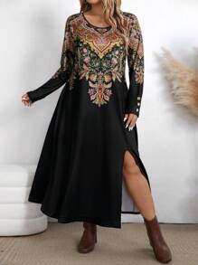 Plus Size Round Neck Long Sleeve Printed Minimalist Split Maxi Casual Dress - Multicolor - View 3