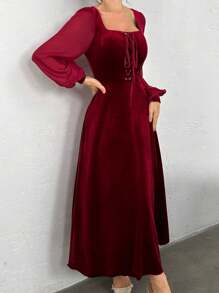 Modelyn Women's Solid Color Front Tie Long Sleeve Simple Long Dress