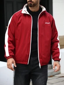 Manfinity Homme Veste coupe-vent décontractée pour homme avec imprimé slogan et couleurs contrastées, pour l'automne/l'hiver, rouge, Noël - Rouge - Voir 1