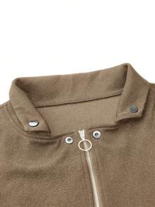 SHEIN LUNE Plus Size Solid Color Front Zipper Long Sleeve Minimalist Jacket, Casual Daily Wear - Khaki - View 3