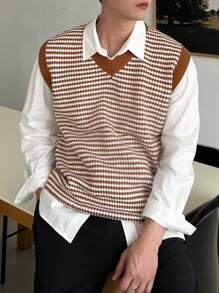 DAZY Autumn Men's Red Stripe Knit Vest - Red - View 10