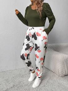 SHEIN LUNE Plus Size Solid Color Crew Neck Ruched Long Sleeve Top & All-Over Print Twist Front Pants 2pcs Casual Set Fall Cloth For Women - Multicolor - View 6