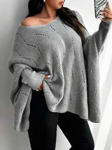 Calvaya Plus Size Loose Fit Solid Color Asymmetric Hem V-Neck Long Sleeve Sweater, For Winter Knit Pullover Fall Autumn - Grey - View 7