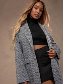 MISSGUIDED Herringbone Statement Long Coat Wool Blend Double Breasted Winter Outerwear Classic Tweed Textured Fall Maxi Coat Professional Business Formal Style - Black and White - View 5