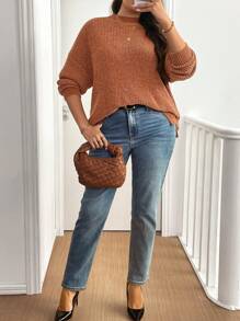 Flirla Plus Size Textured Knit Funnel Neck Pullover Knit Pullover Fall Winter Outfit