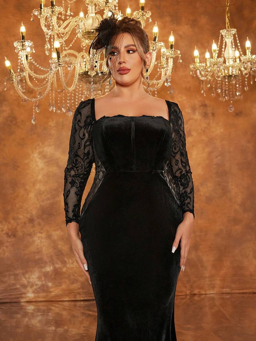 Glamrae Plus Size Black Strapless Corset Contrast Lace Sexy Sheer High Waisted Slim Mermaid Elegant Evening Dress, Formal Prom Gown, For Wedding Guest, Graduation, Dinner - Black - View 1