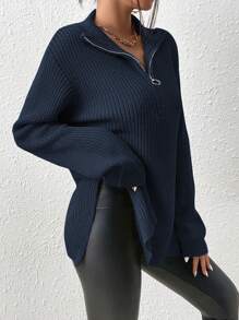 SHEIN Frenchy Half Zip Drop Shoulder Grain Black Sweater Winter Casual Blue - Navy Blue - View 7