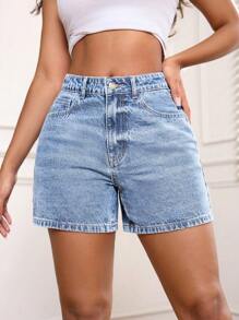 SHEIN PETITE Women Front Button Up Simple Style Multi-Pocket Denim Shorts, Casual Everyday Wear - Light Wash - View 4