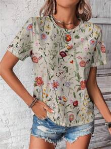 EMERY ROSE Áo thun nữ tay ngắn cổ tròn dáng rộng, họa tiết hoa tối giản, thích hợp cho mùa hè, đi chơi, phong cách thường ngày. - Nhiều màu - Xem 5