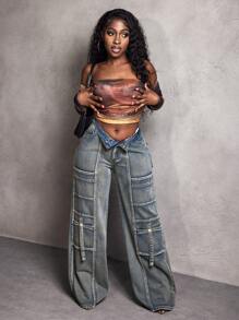 Slaydiva Vrouwen Street Style Flip-Pocket Losse Wijde Broek