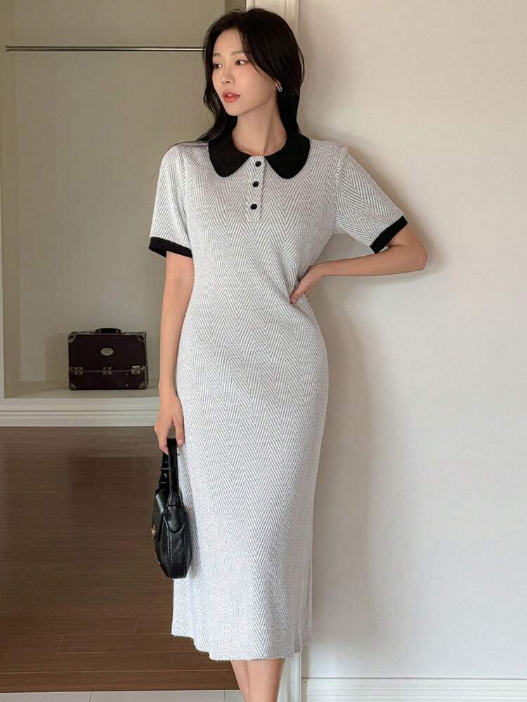 Women's Color Block Polo Collar Short Sleeve Casual Mid-Length Dress