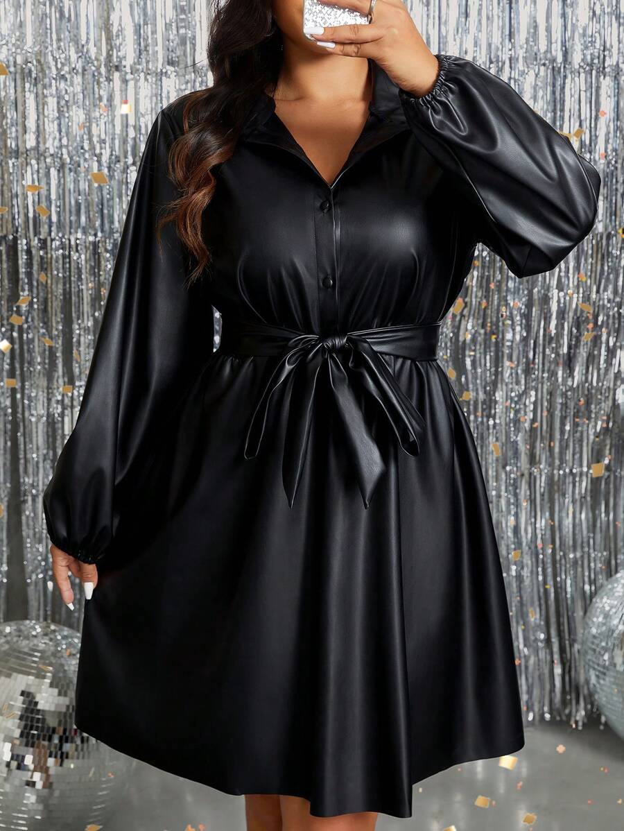 SHEIN Clasi Plus Size Feminino Elegante PU Micro-Stretch Lanterna Manga Camisa Gola A-Line Botão Up Vestido, Outono, Para Inverno - Preto - Ver 1