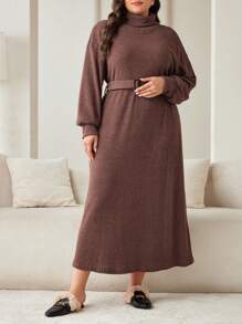 Mulvari Plus Size Solid Color Turtleneck Long Sweater Dress For Autumn/Winter - Brown - View 3