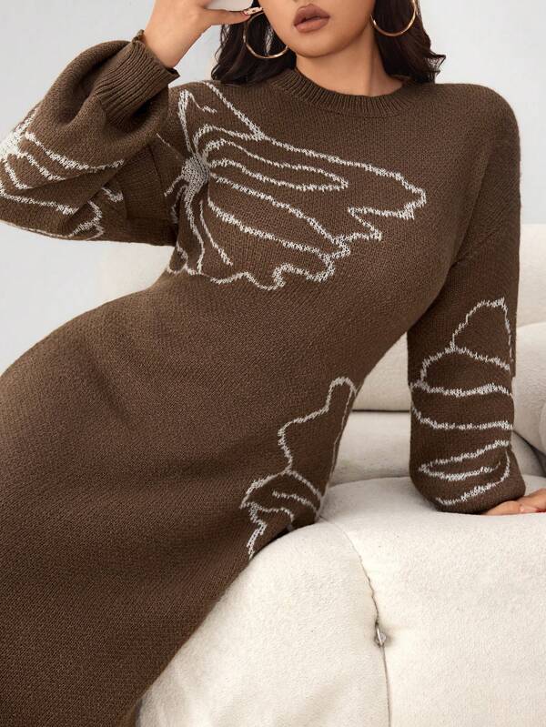 Mulvari Plus Size Women Floral Print Round Neck Drop Shoulder Long Sleeve Casual Sweater Dress, Autumn Winter Coffee Brown Dressmocha Mousse Dress
