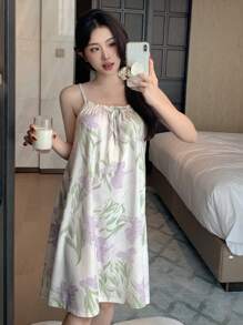 DAZY Vrouwen Bloemenprint Voorkant Strik V Hals Casual Losse Mouwloze Nachtjapon