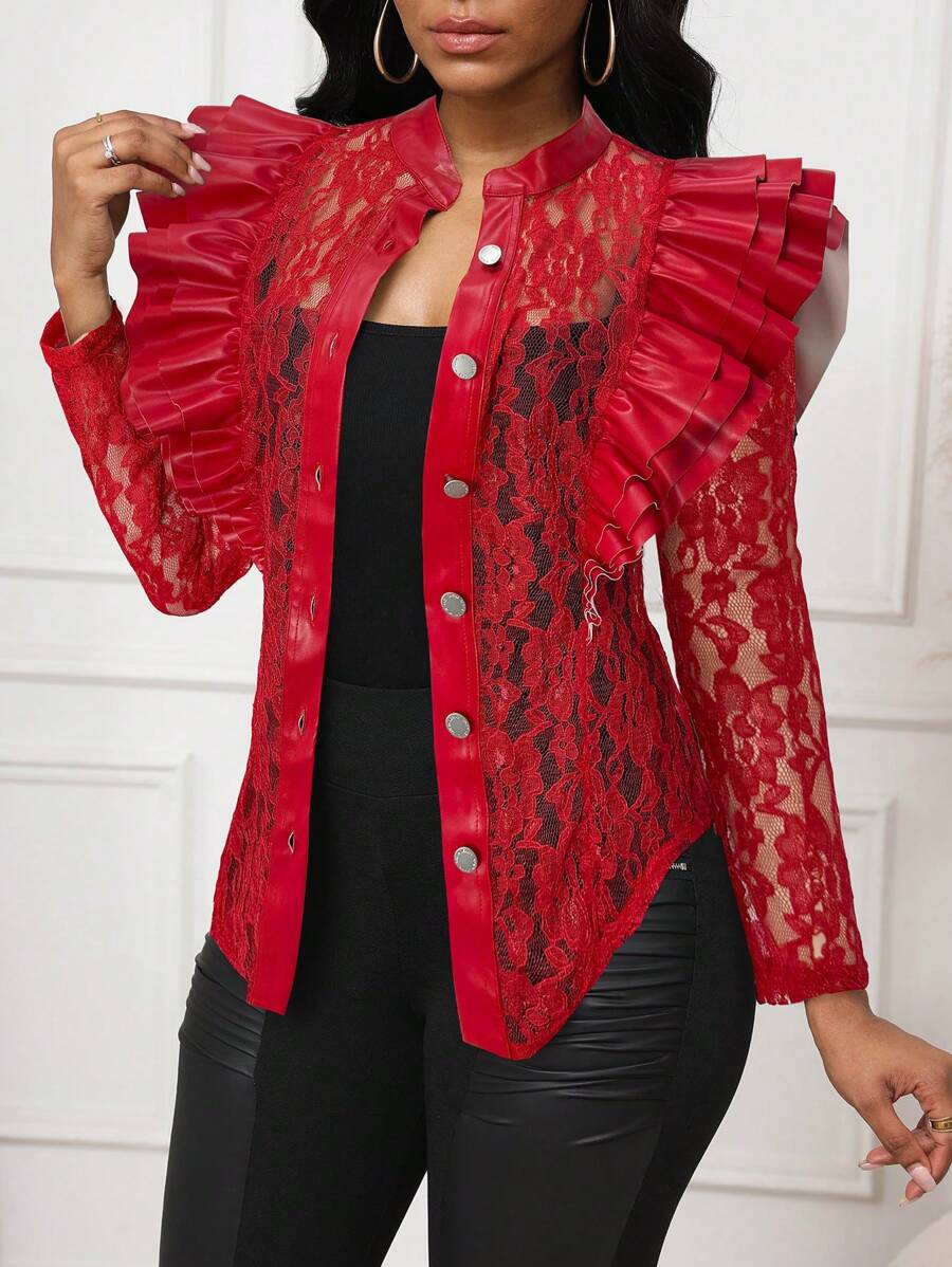 SHEIN Lady 1件女款黑色蕾絲荷葉邊飾PU拼接前開扣開襟衫 - 紅色 - 查看 1