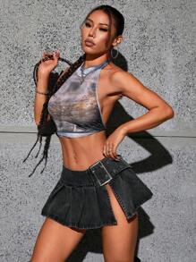 SHEIN ICON Women's High Waist Button Up Slit Hem Short A-Line Denim Skirt - Black - View 2