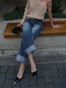 DAZY 女士休闲直筒口袋牛仔裤，日常穿着 - 深色水洗藍 - 查看 5