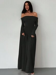 Aloruh New Apricot Off Shoulder Cinched Waist High-Stretch Slimming A-Line Dress, Versatile Long Sleeve Autumn/Winter Wear