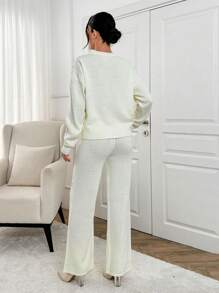 RueChic Elegant Crew Neck Drop Shoulder Rhinestone And Pearl Beaded Sweater & Wide Leg Plain Solid Sweater Pants 2 Piece Knit Set