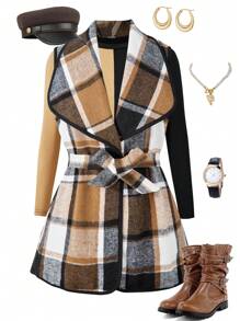 Tween Girls Autumn/Winter Formal Casual Vintage Elegant Design Oversized Collar Plaid Long Vest Jacket Paired With Colorblock Long Sleeve Dress, Suitable For Daily Commute, Casual, Street Style And Family Gatherings