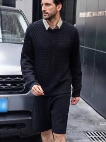 Manfinity Homme 男士纯色圆领毛衣和针织短裤休闲两件套，秋冬