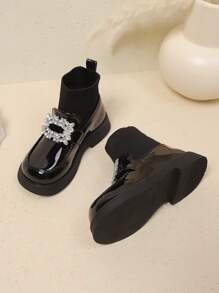 1 đôi bốt trang trí đính đá PU bóng màu đen mới thu/đông 2024 cho bé gái, bốt ngắn cho trẻ em, bốt tất phong cách công chúa thời trang và đa năng - màu đen - Xem 5