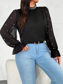 Vionelle Elegant Romantic Stand Collar Long Sleeve Chiffon Shirt With Pearl Decor And Ruffle Cuffs Fall Cloth For Women - Black - View 6