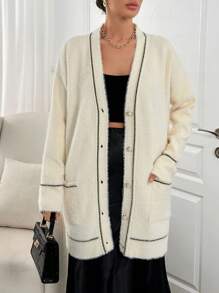 EURMUSE Special Pattern V Neck Cardigan With Button Detail And Hairy Yarn - Beige - View 6