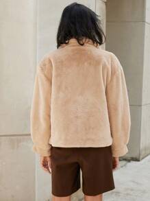 Femmeiva Oversized Women Casual Simple Oblique Pockets Fuzzy Jacket For Autumn & Winter Fall Cloth For Women - Khaki - View 2