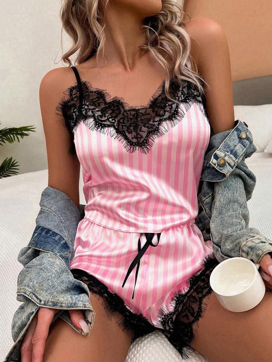 SHEIN 对比色蕾丝条纹印花缎面睡衣套装/睡衣套装假日季节 - 彩色 - 查看 1