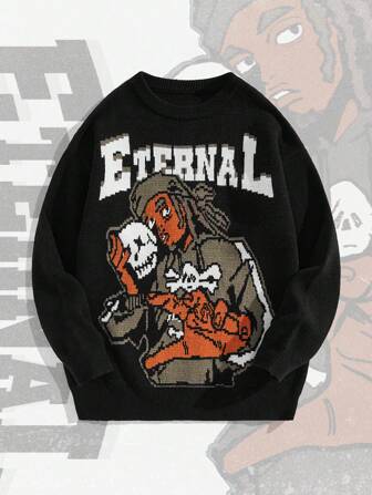 Street Life Suéter casual de cuello redondo de manga larga con jacquard para uso diario de hombres